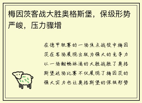 梅因茨客战大胜奥格斯堡，保级形势严峻，压力骤增